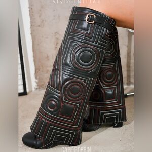 Initial Diamond Stitching Thigh-High Boots - Black
